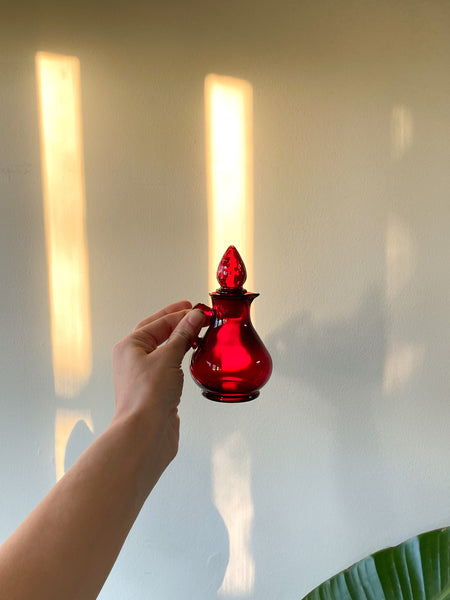 Red Glass Bottle Vintage Avon Strawberry Bath Foam Perfume Decanter  Strawberry Top Ruby Red Decanter With Lid Boho Eclectic Decor 